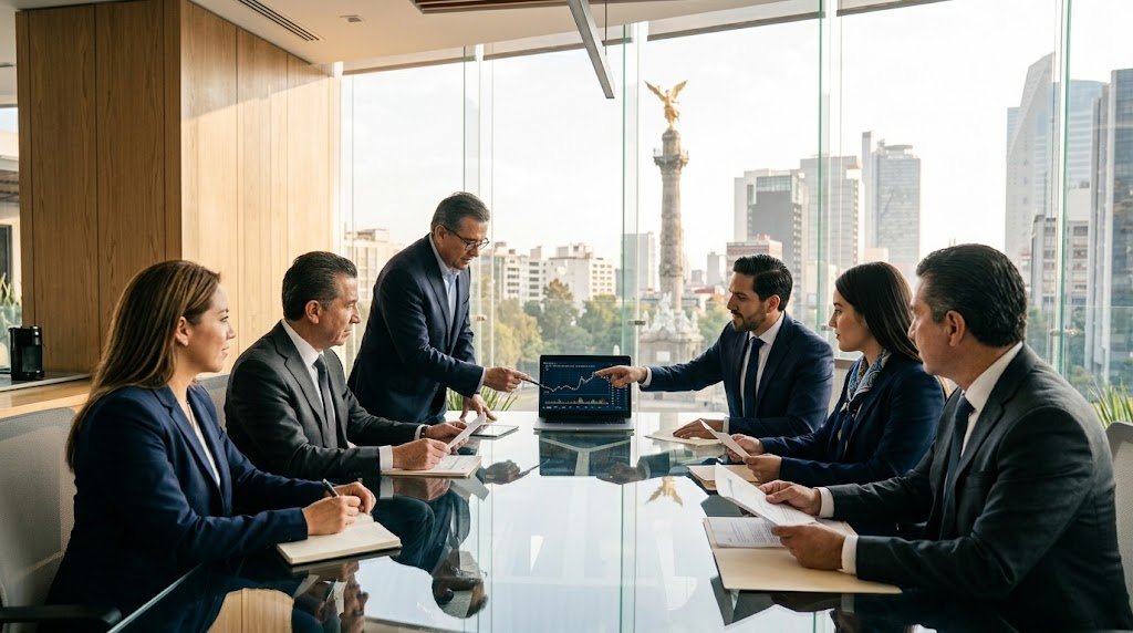 Equipo de UNIUS Consulting en sesión de trabajo con vista al Ángel de la Independencia, Ciudad de México